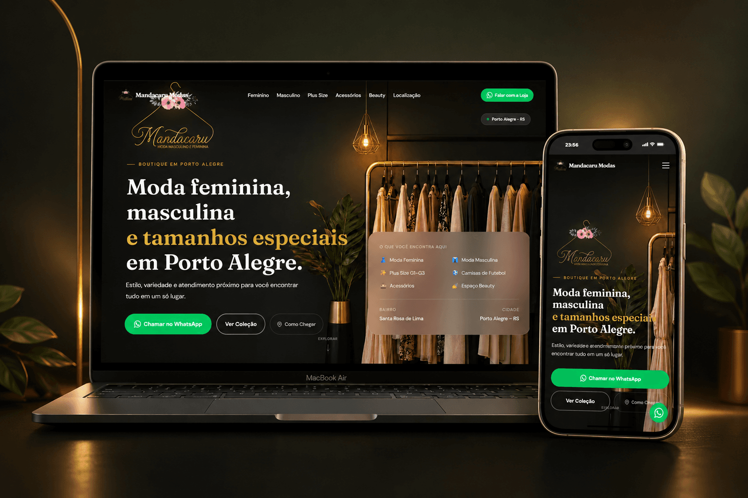 Mockup do site da Mandacaru Modas exibido em notebook e celular, apresentando loja de moda com foco em tamanhos especiais e integração com WhatsApp