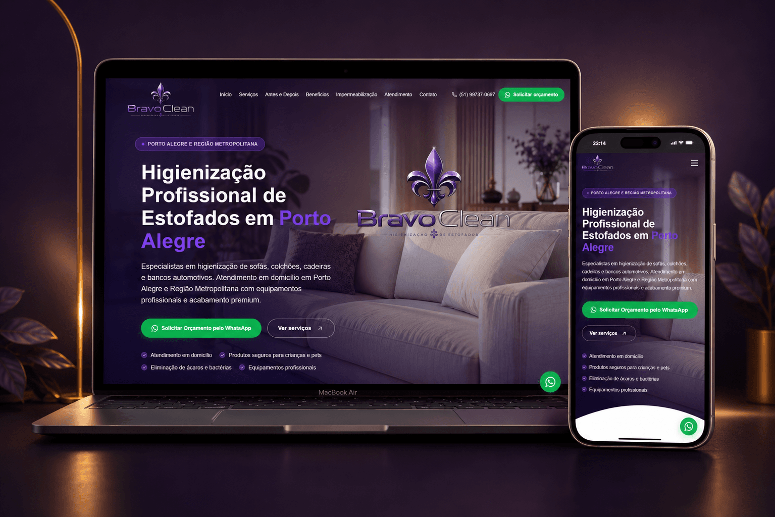 Mockup do site da Bravo Clean exibido em notebook e celular, apresentando serviços de limpeza profissional com foco em pedidos via WhatsApp para Porto Alegre e região