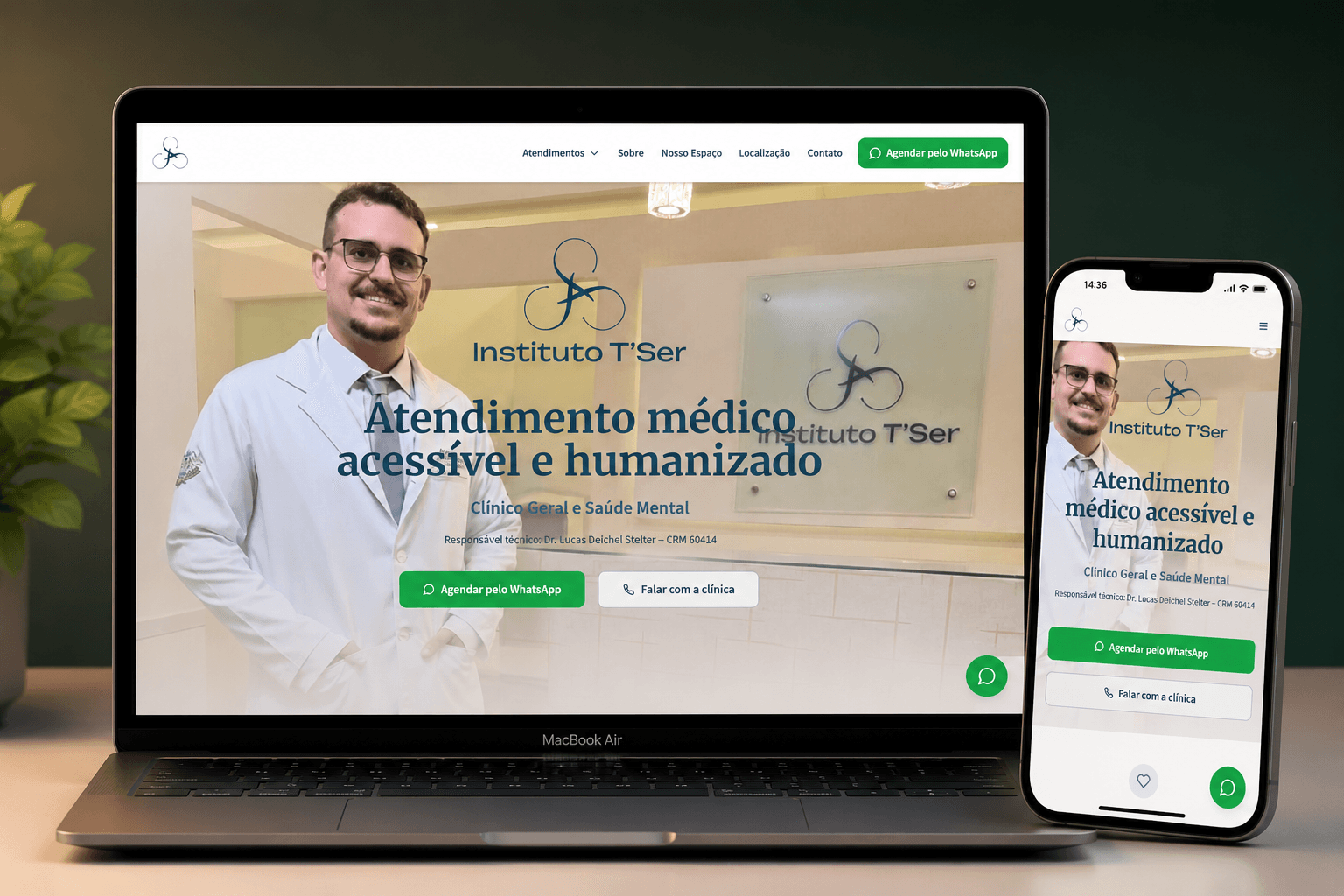 Mockup do site do Instituto T'Ser exibido em notebook e celular, apresentando clínica médica com integração ao WhatsApp