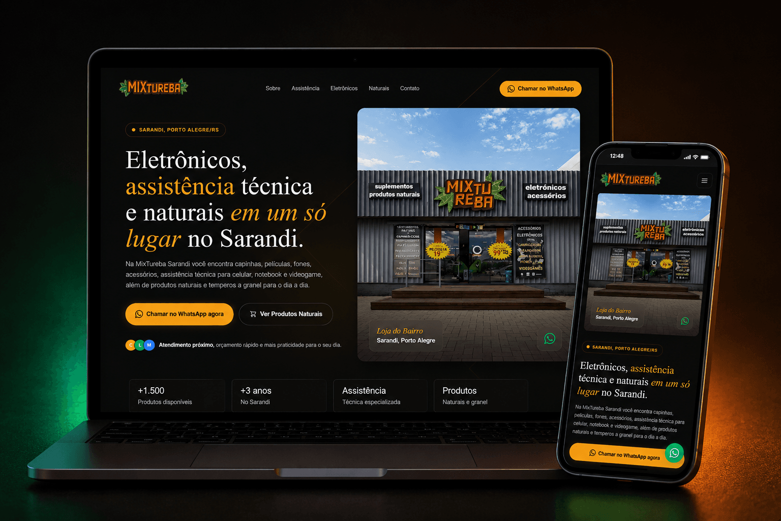 Mockup do site da Mixtureba Sarandi exibido em notebook e celular com catálogo digital de produtos