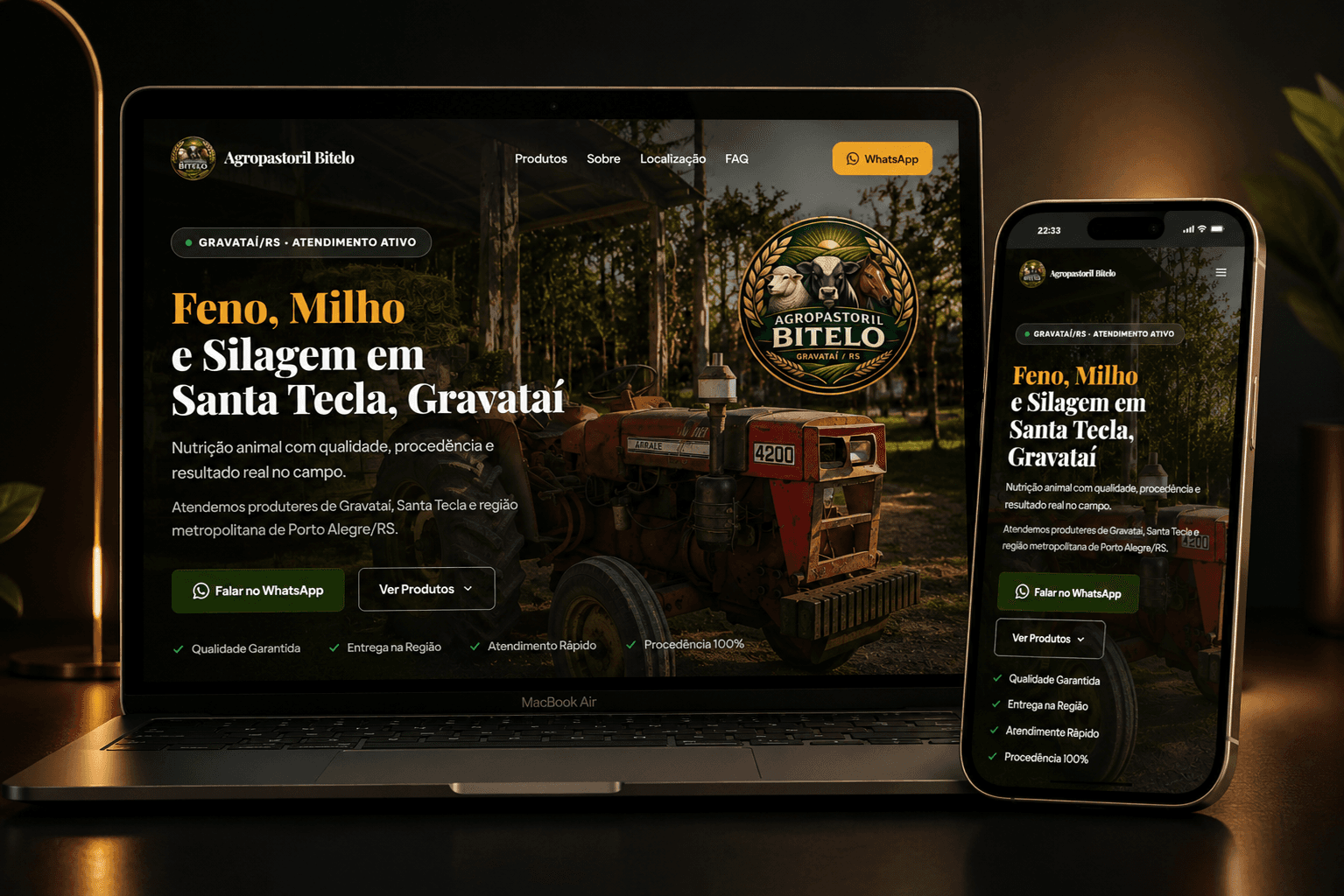 Mockup do site da Agropastoril Bitelo exibido em notebook e celular, apresentando produtos agro como feno, milho e silagem com foco em vendas e atendimento via WhatsApp para produtores rurais de Gravataí/RS